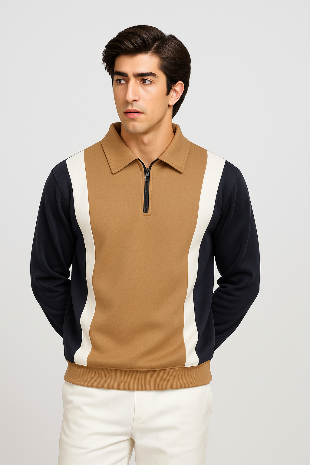 Half Zipper Panel Sweatshirt - Camel