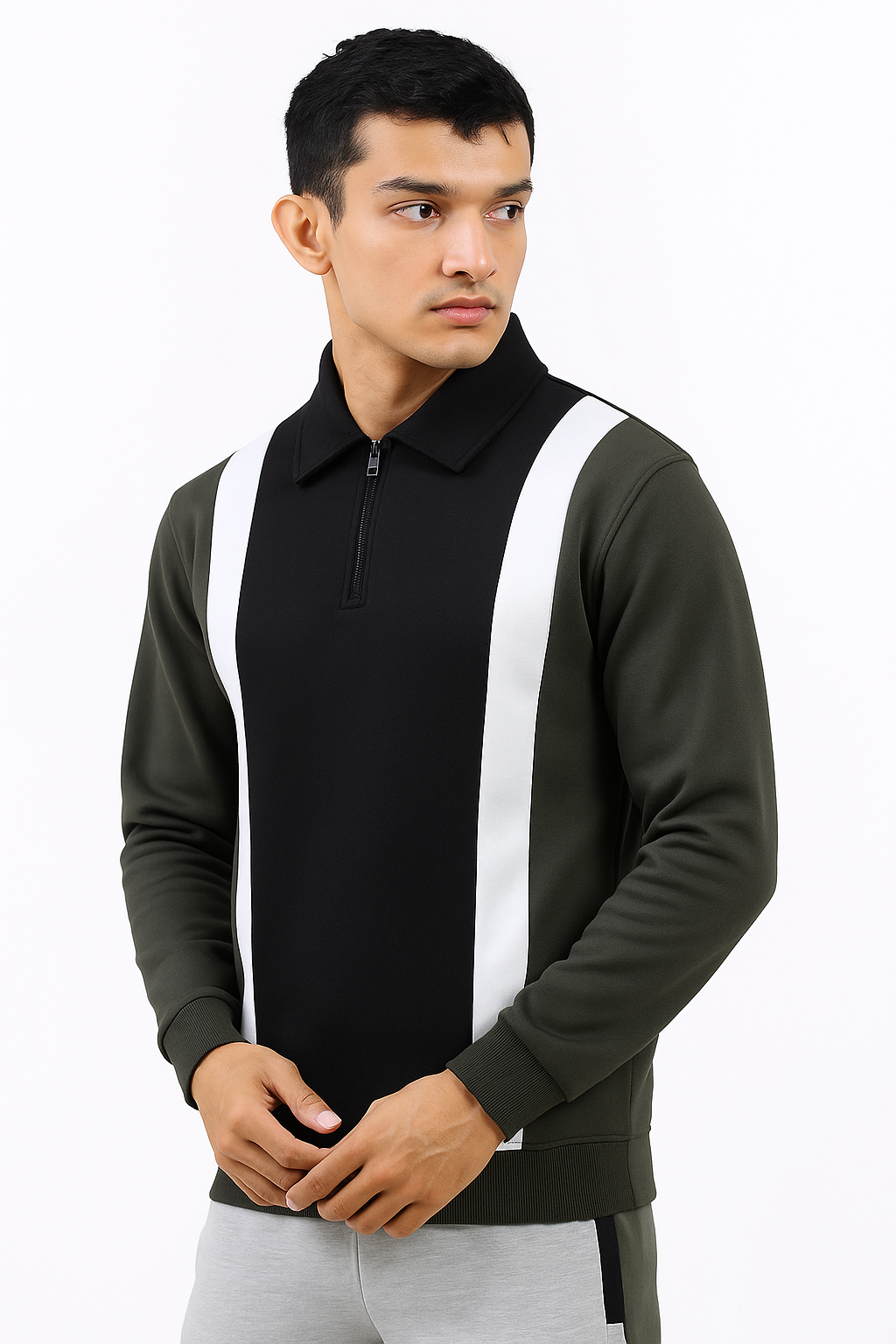 Half Zipper Panel Sweatshirt - Olive